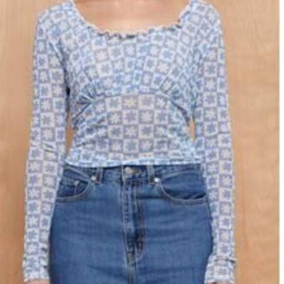 lisa says gah x kjp blue mesh flower checkered top sz Small - Picture 1 of 6